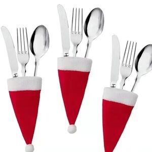 Santa Hat Utensil Holders Red and White Flannelette Set of 10